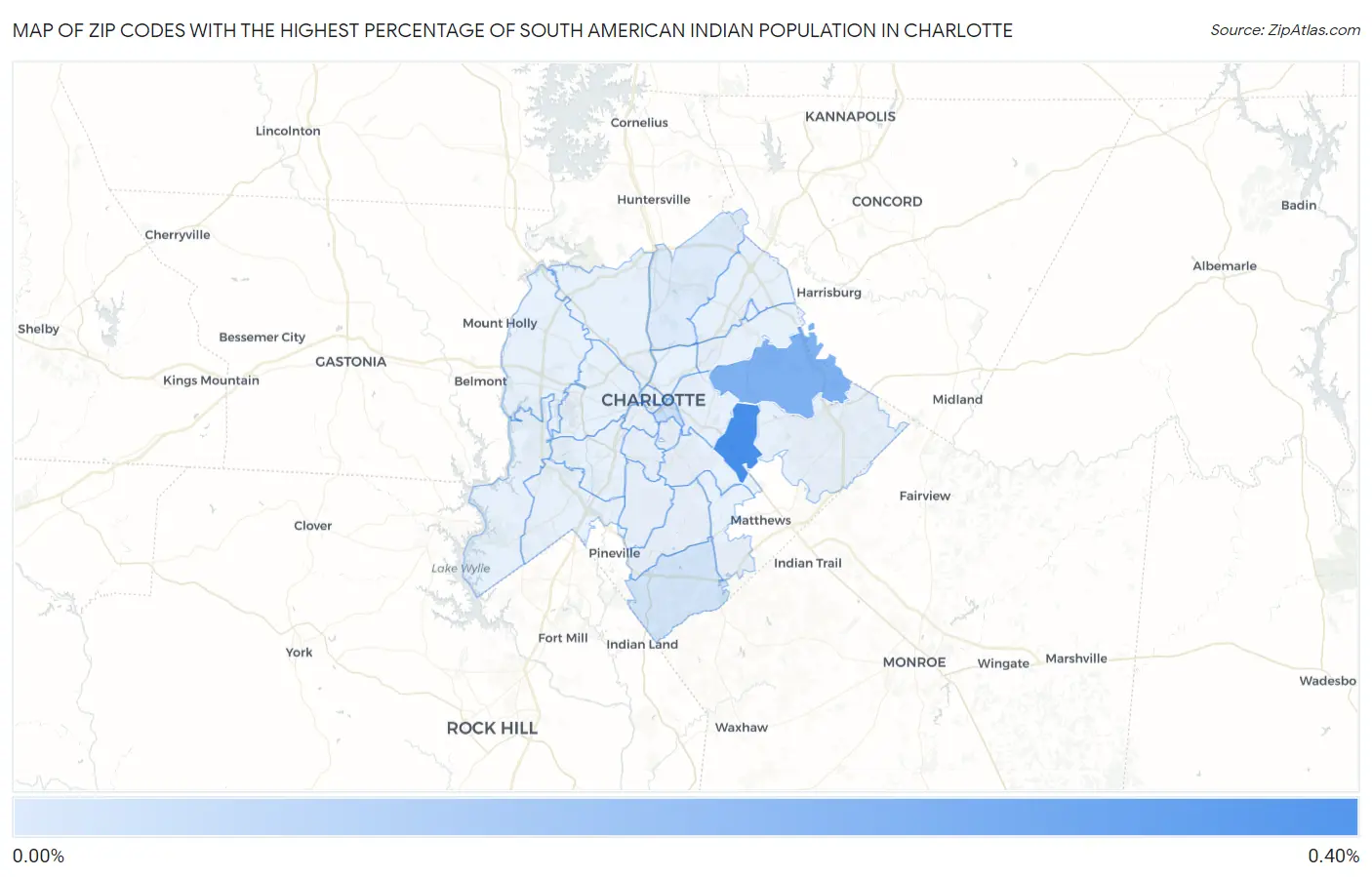 Zip Codes with the Highest Percentage of South American Indian Population in Charlotte Map