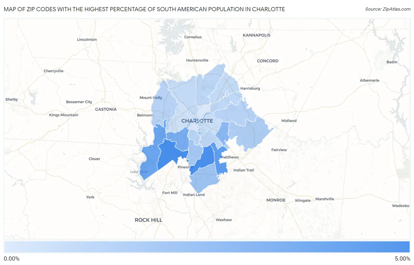 Zip Codes with the Highest Percentage of South American Population in Charlotte Map