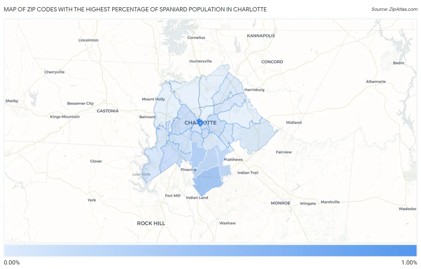 Zip Codes with the Highest Percentage of Spaniard Population in Charlotte Map