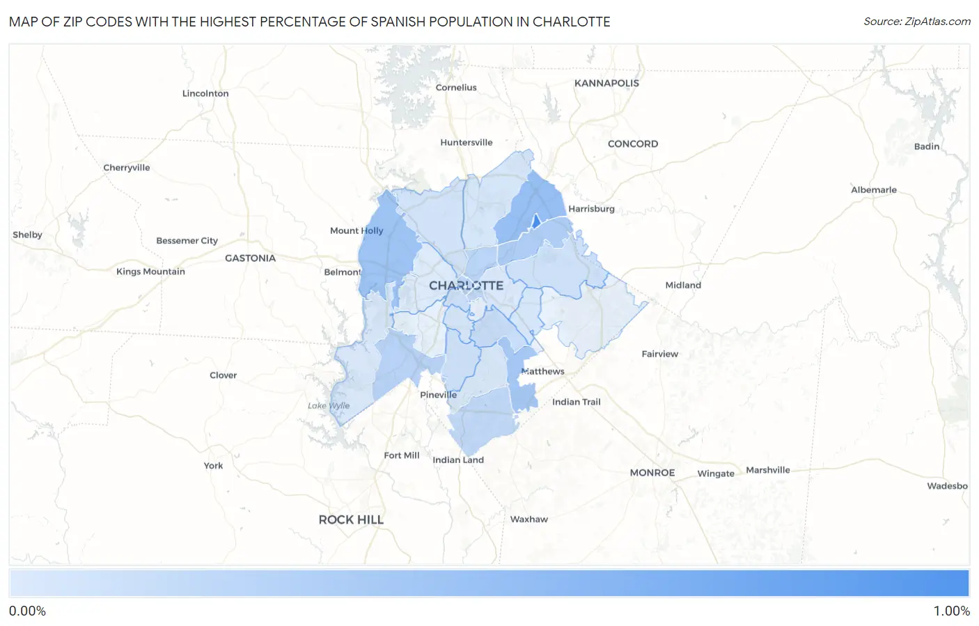 Zip Codes with the Highest Percentage of Spanish Population in Charlotte Map
