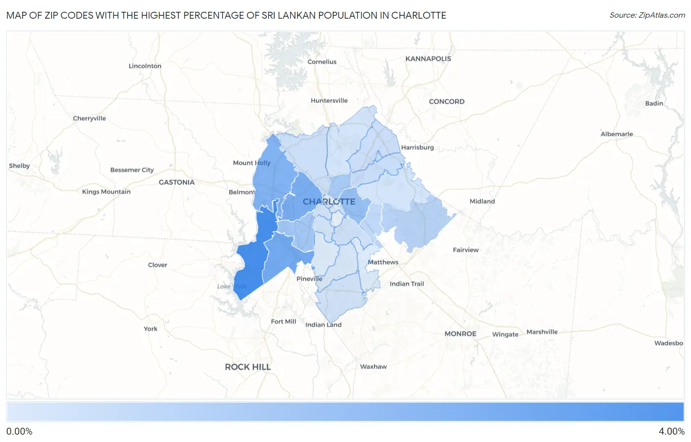 Zip Codes with the Highest Percentage of Sri Lankan Population in Charlotte Map