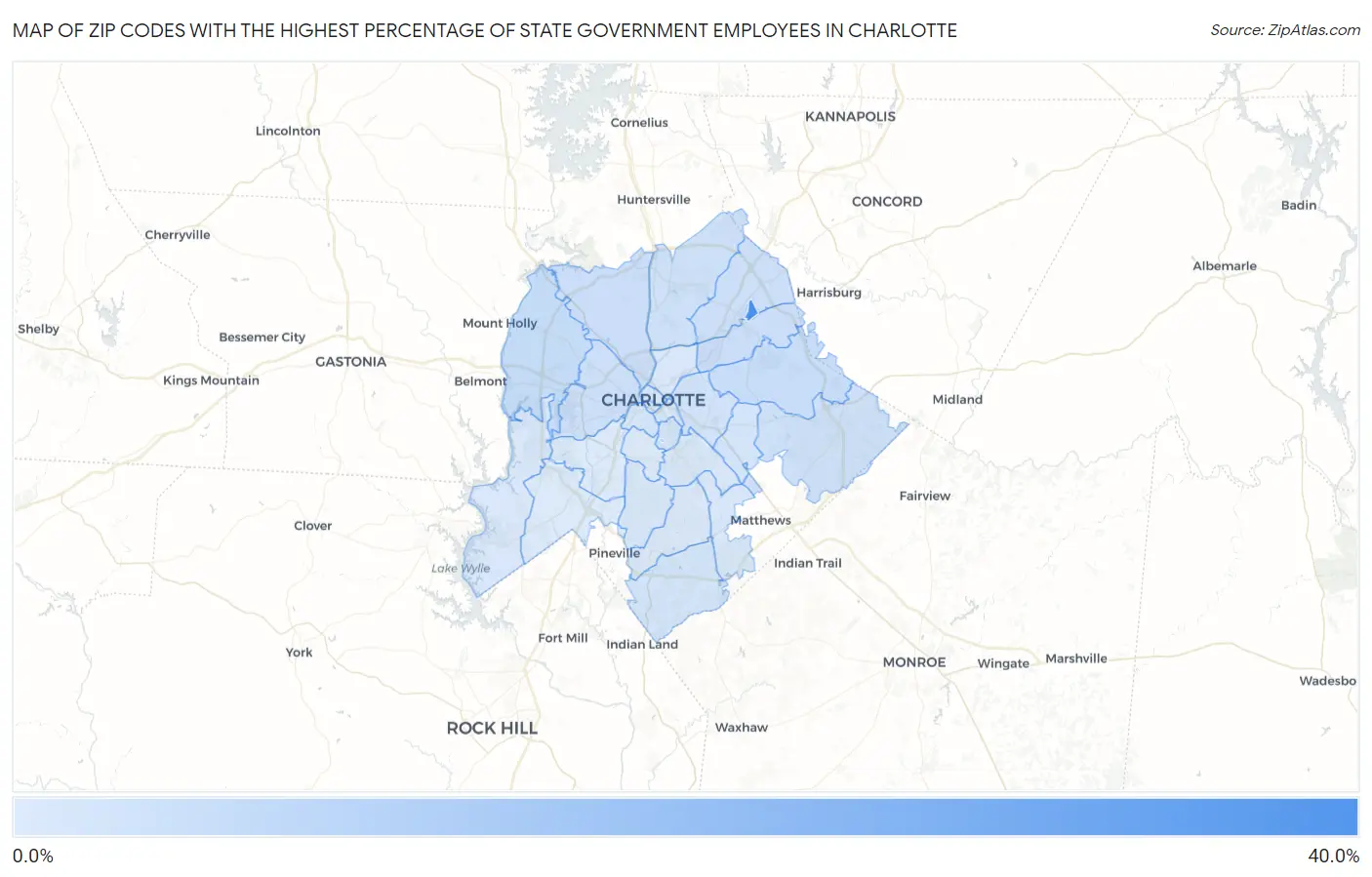 Zip Codes with the Highest Percentage of State Government Employees in Charlotte Map