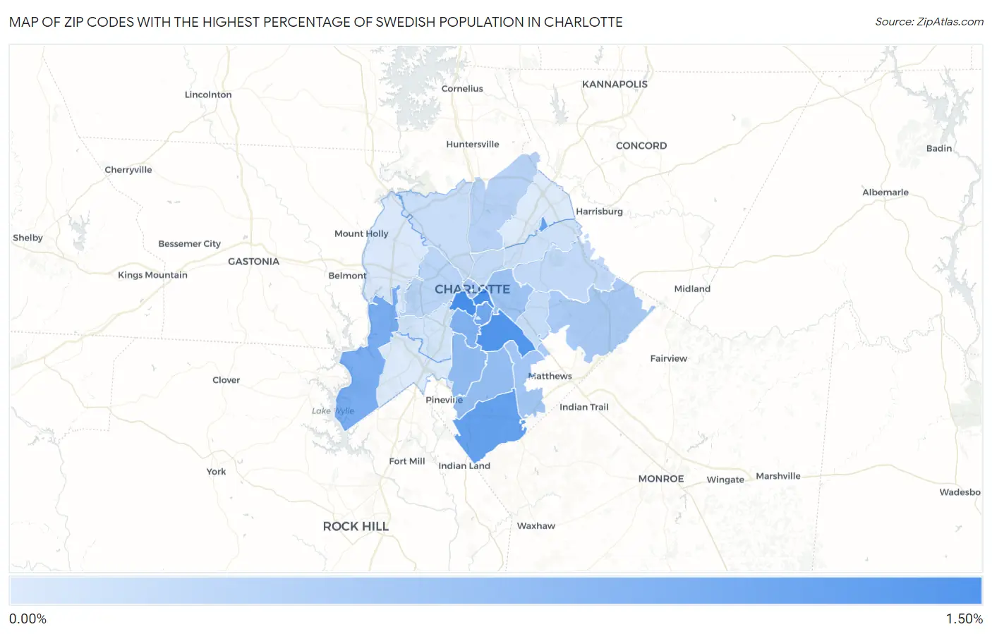 Zip Codes with the Highest Percentage of Swedish Population in Charlotte Map
