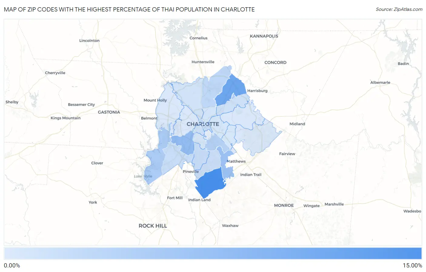 Zip Codes with the Highest Percentage of Thai Population in Charlotte Map
