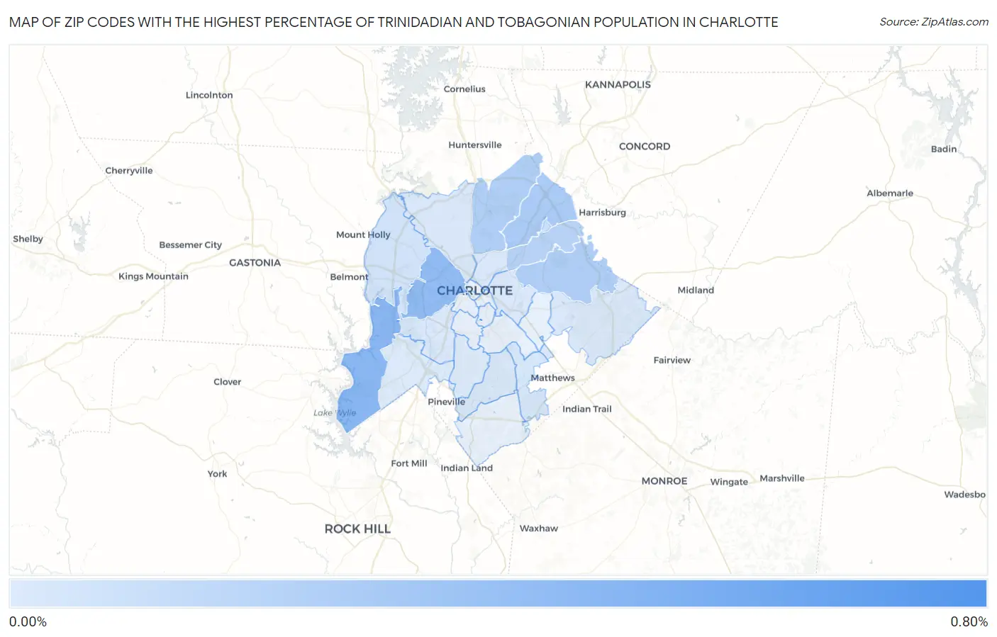 Zip Codes with the Highest Percentage of Trinidadian and Tobagonian Population in Charlotte Map