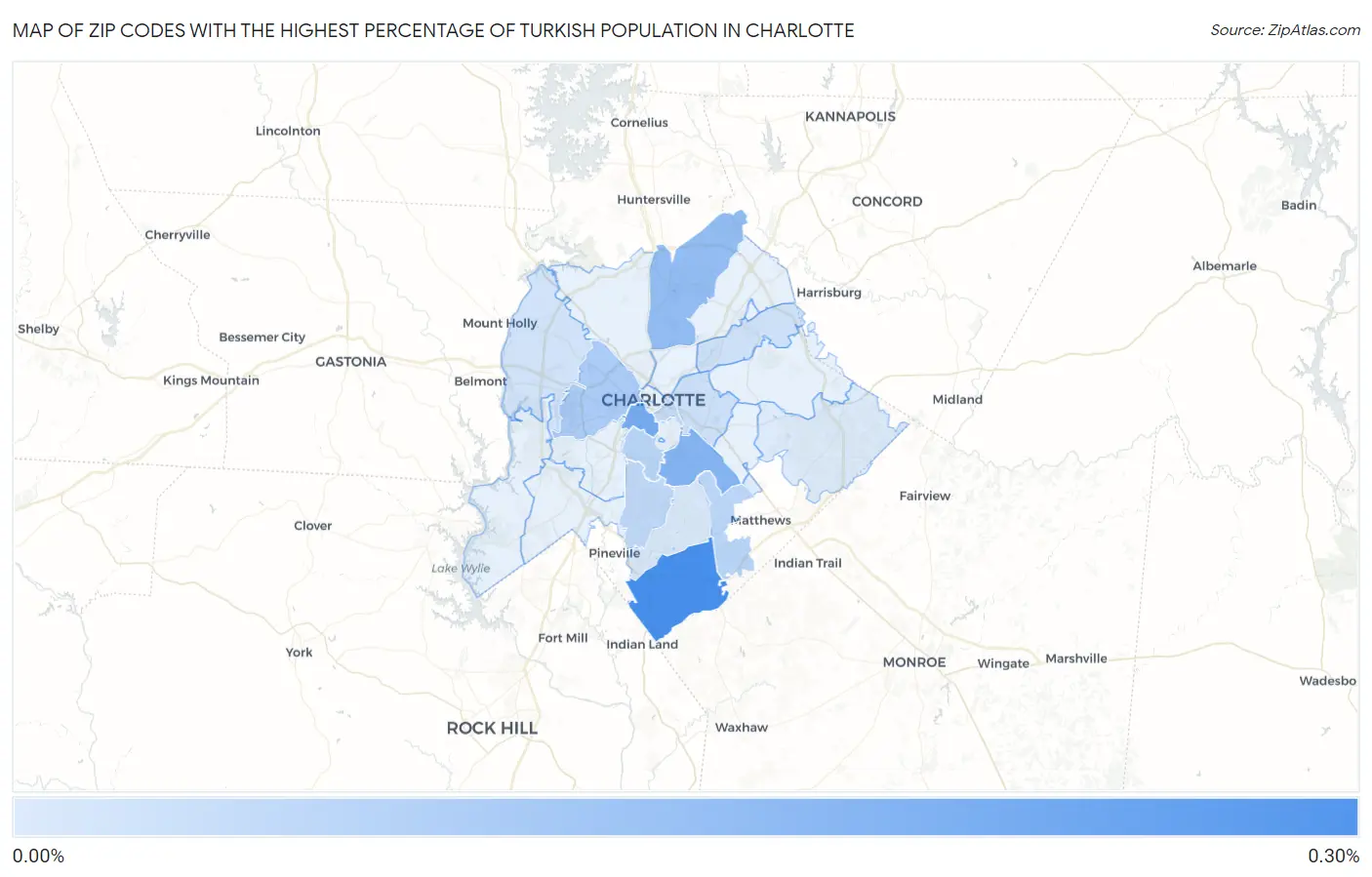 Zip Codes with the Highest Percentage of Turkish Population in Charlotte Map