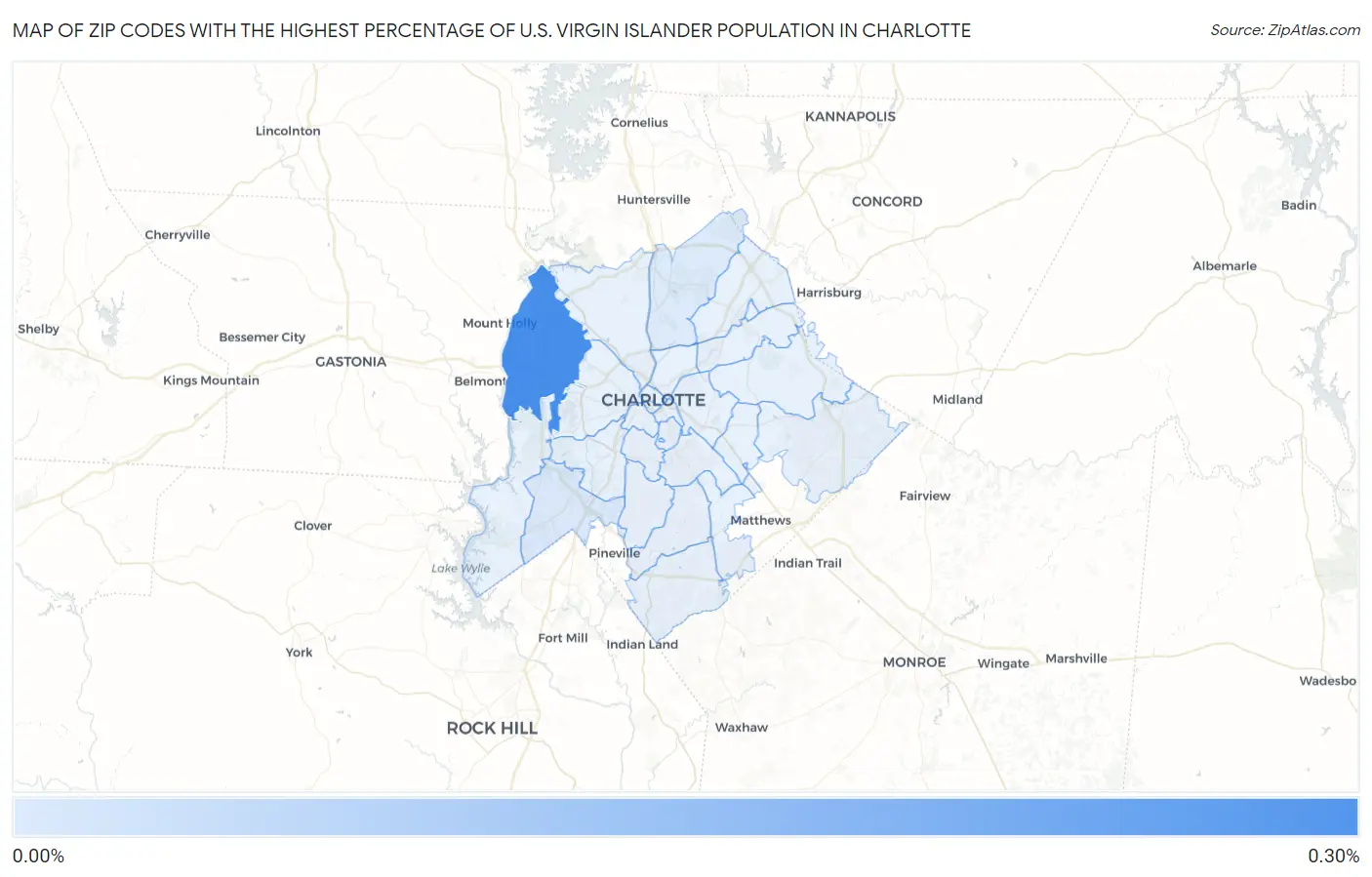 Zip Codes with the Highest Percentage of U.S. Virgin Islander Population in Charlotte Map