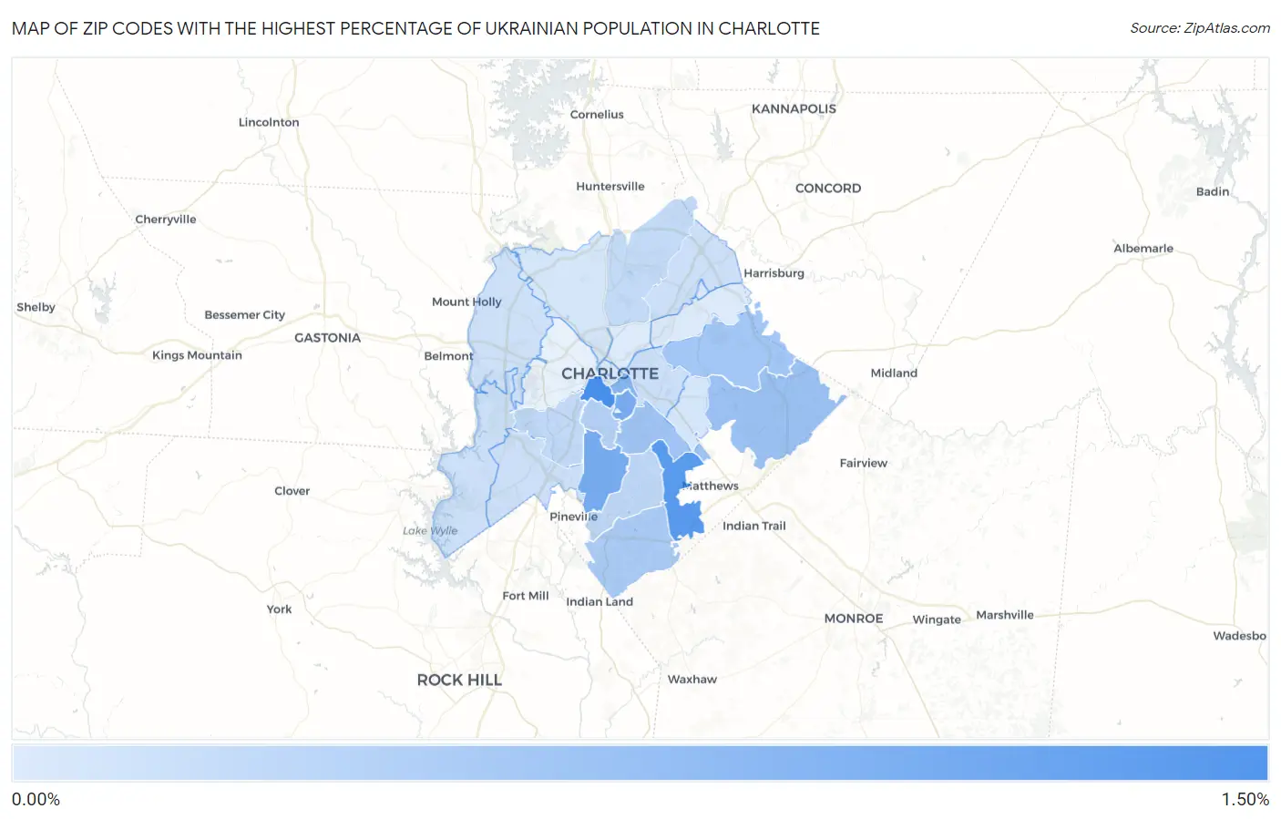 Zip Codes with the Highest Percentage of Ukrainian Population in Charlotte Map