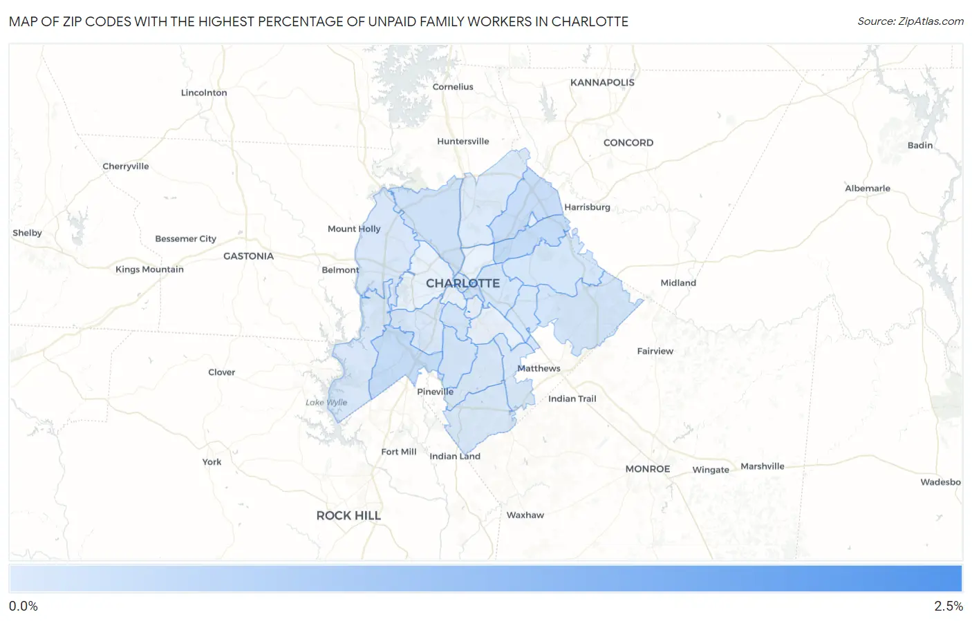 Zip Codes with the Highest Percentage of Unpaid Family Workers in Charlotte Map