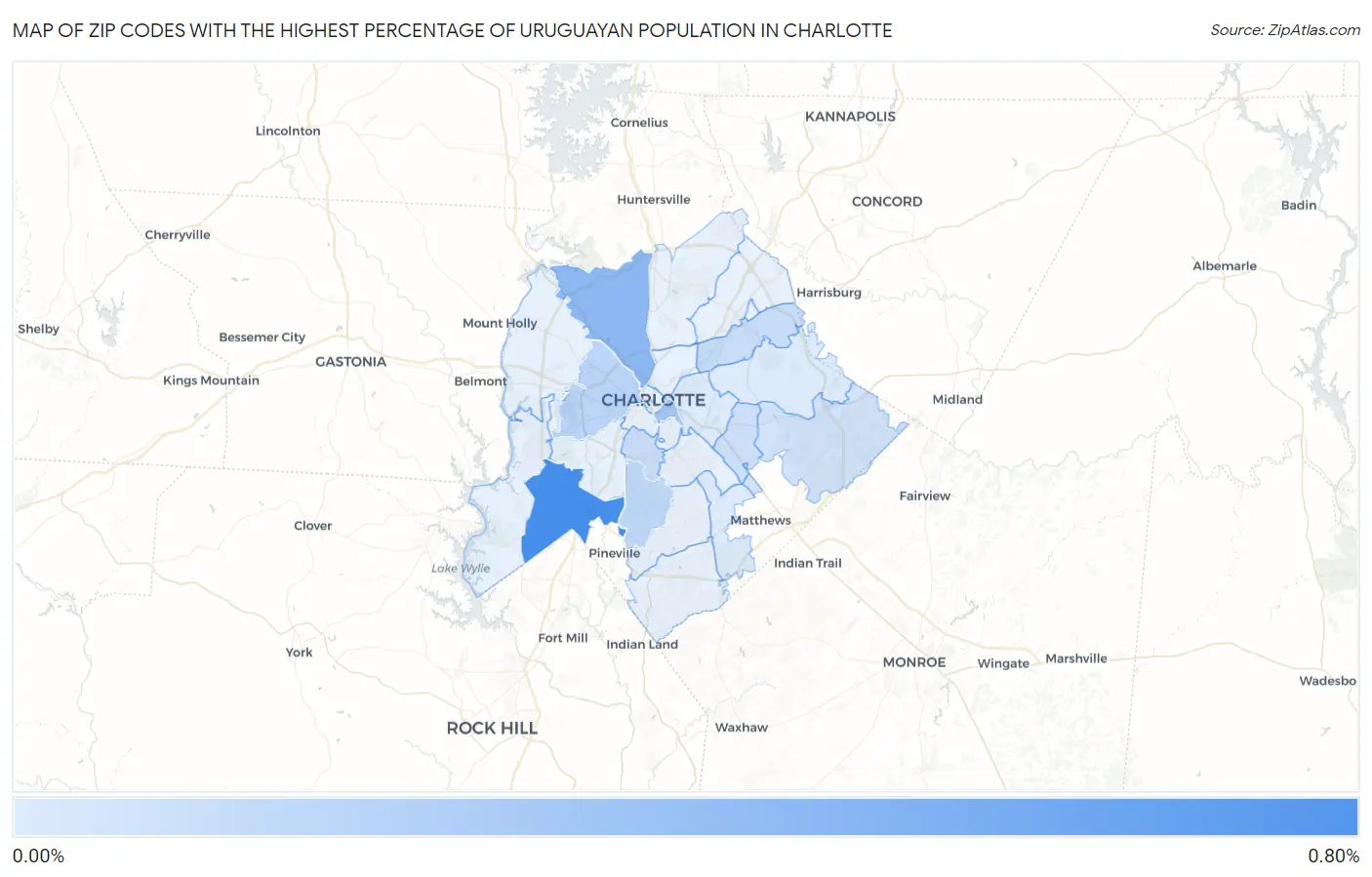 Zip Codes with the Highest Percentage of Uruguayan Population in Charlotte Map
