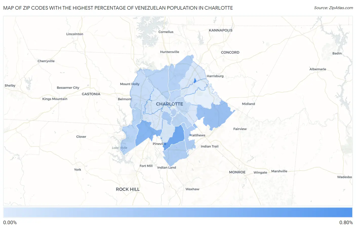 Zip Codes with the Highest Percentage of Venezuelan Population in Charlotte Map