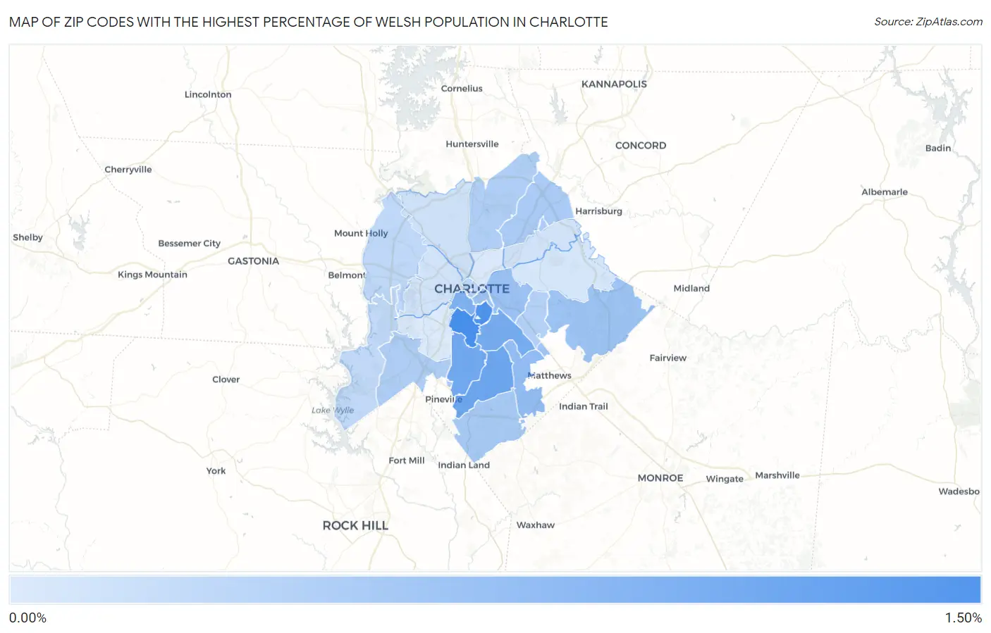 Zip Codes with the Highest Percentage of Welsh Population in Charlotte Map