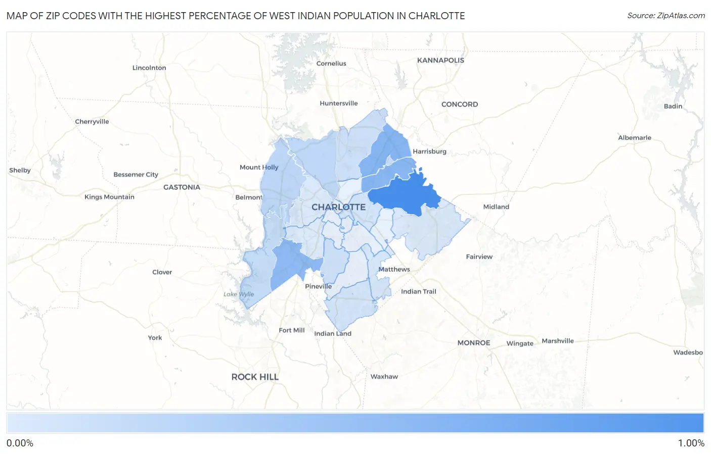 Zip Codes with the Highest Percentage of West Indian Population in Charlotte Map