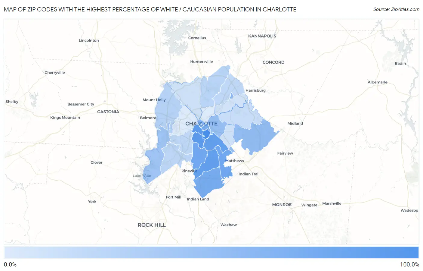 Zip Codes with the Highest Percentage of White / Caucasian Population in Charlotte Map