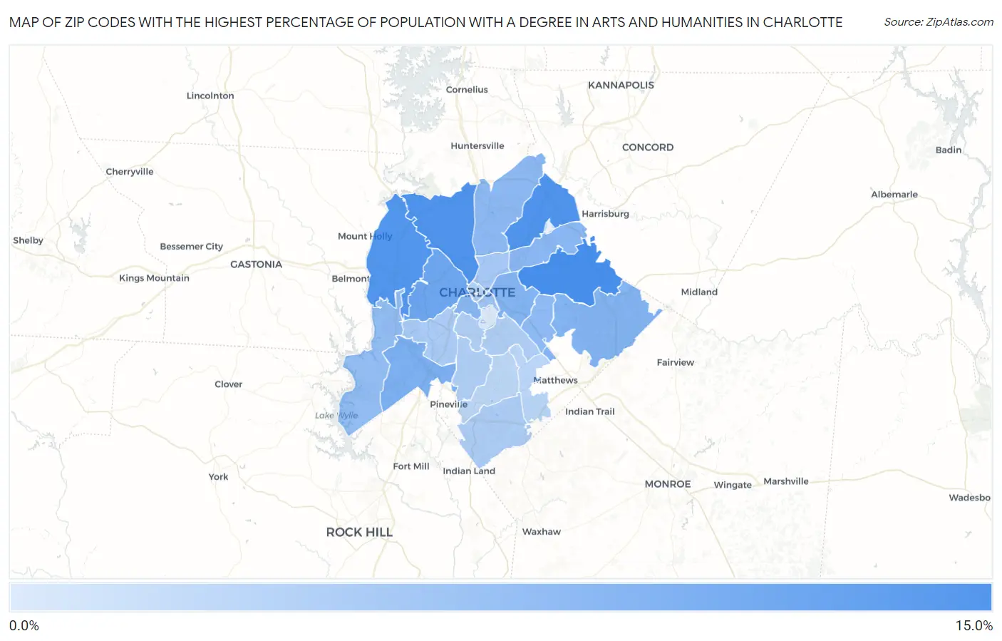 Zip Codes with the Highest Percentage of Population with a Degree in Arts and Humanities in Charlotte Map