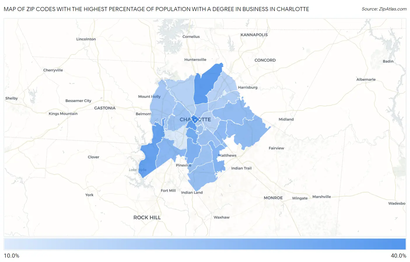 Zip Codes with the Highest Percentage of Population with a Degree in Business in Charlotte Map
