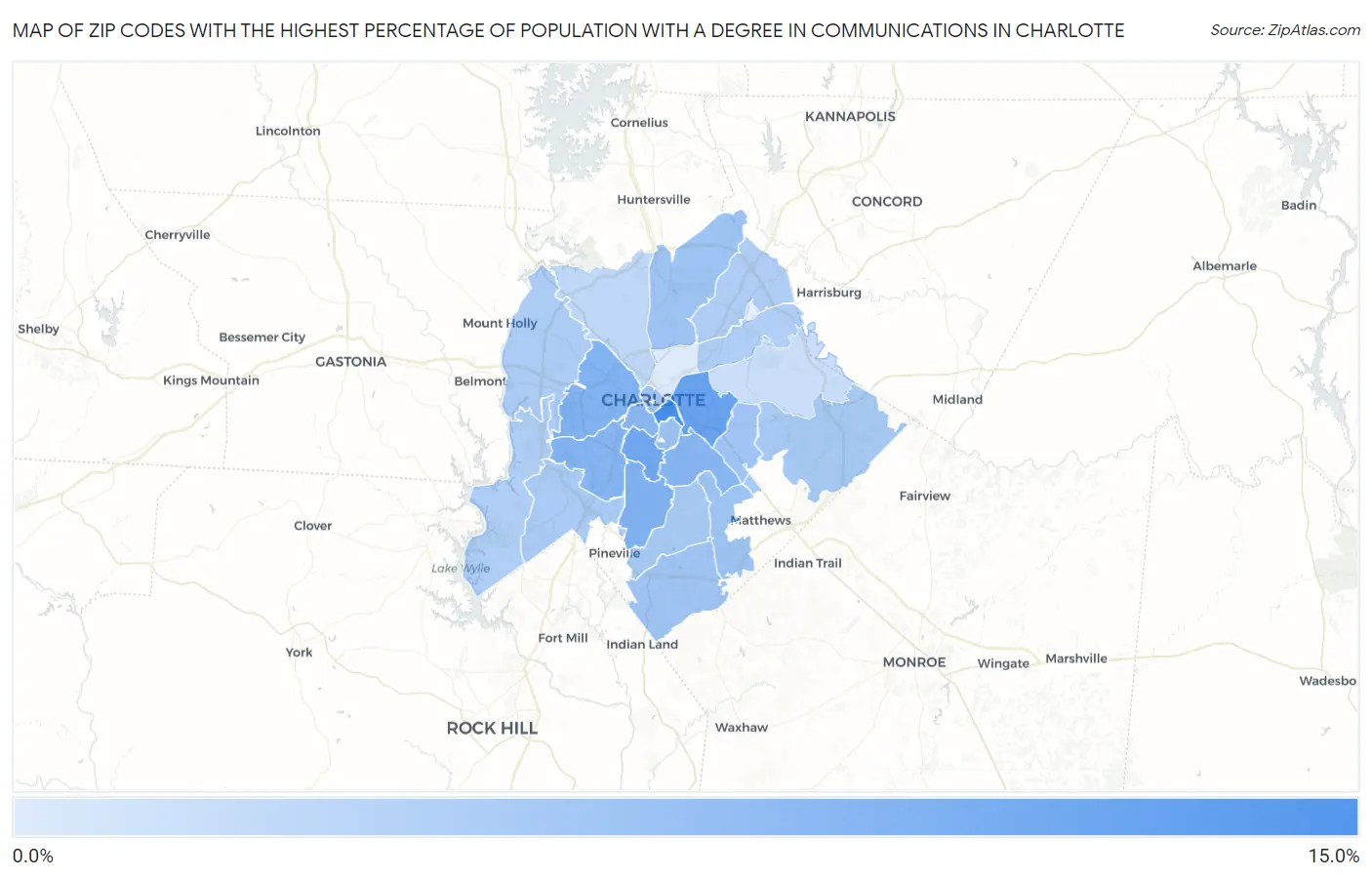 Zip Codes with the Highest Percentage of Population with a Degree in Communications in Charlotte Map