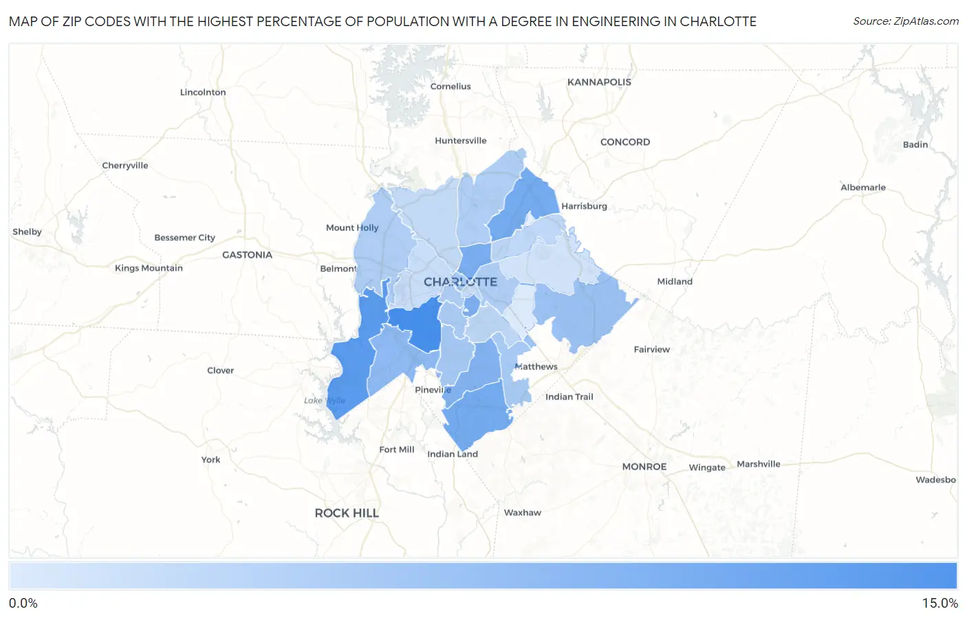 Zip Codes with the Highest Percentage of Population with a Degree in Engineering in Charlotte Map