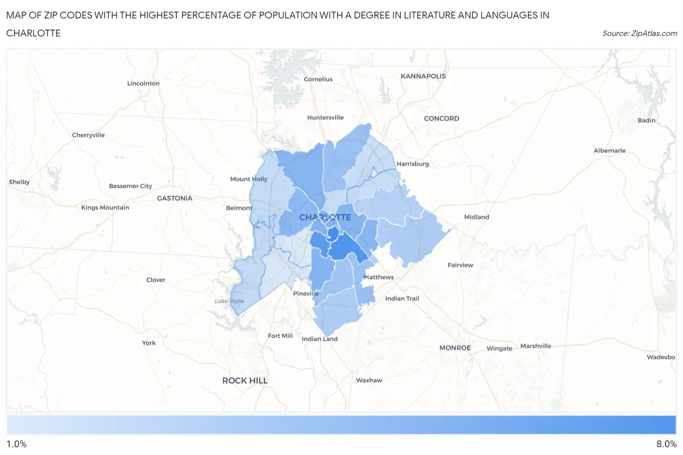 Zip Codes with the Highest Percentage of Population with a Degree in Literature and Languages in Charlotte Map
