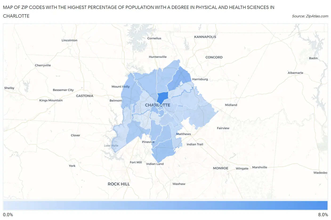 Zip Codes with the Highest Percentage of Population with a Degree in Physical and Health Sciences in Charlotte Map