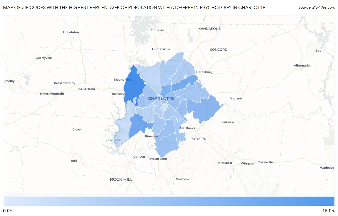 Zip Codes with the Highest Percentage of Population with a Degree in Psychology in Charlotte Map