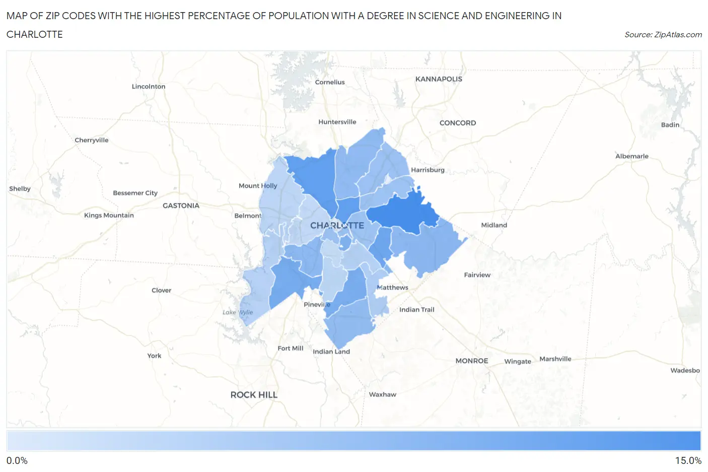Zip Codes with the Highest Percentage of Population with a Degree in Science and Engineering in Charlotte Map