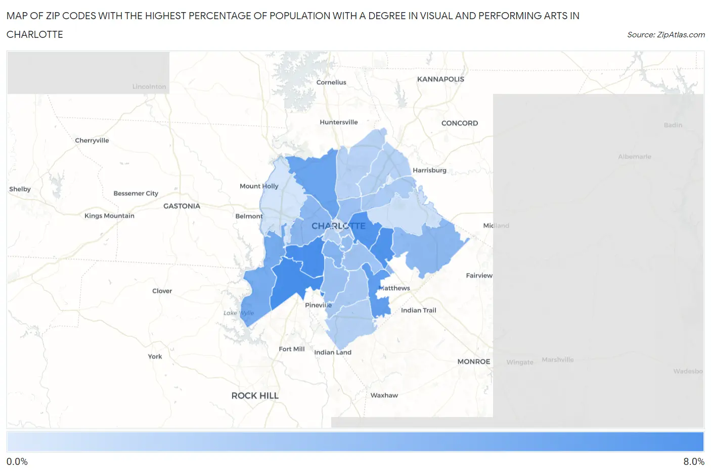 Zip Codes with the Highest Percentage of Population with a Degree in Visual and Performing Arts in Charlotte Map