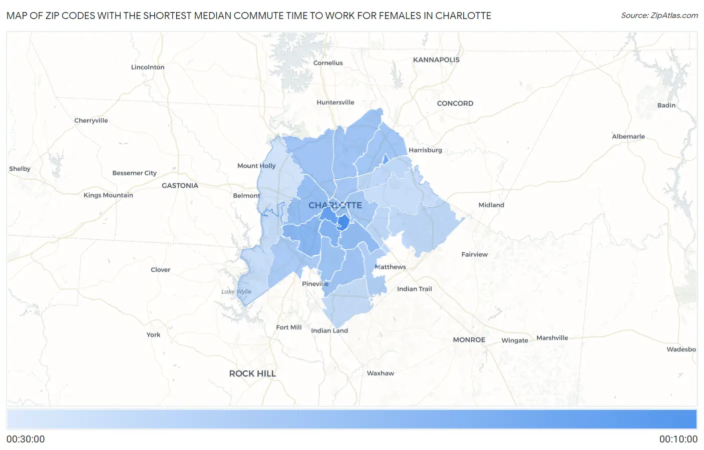 Zip Codes with the Shortest Median Commute Time to Work for Females in Charlotte Map