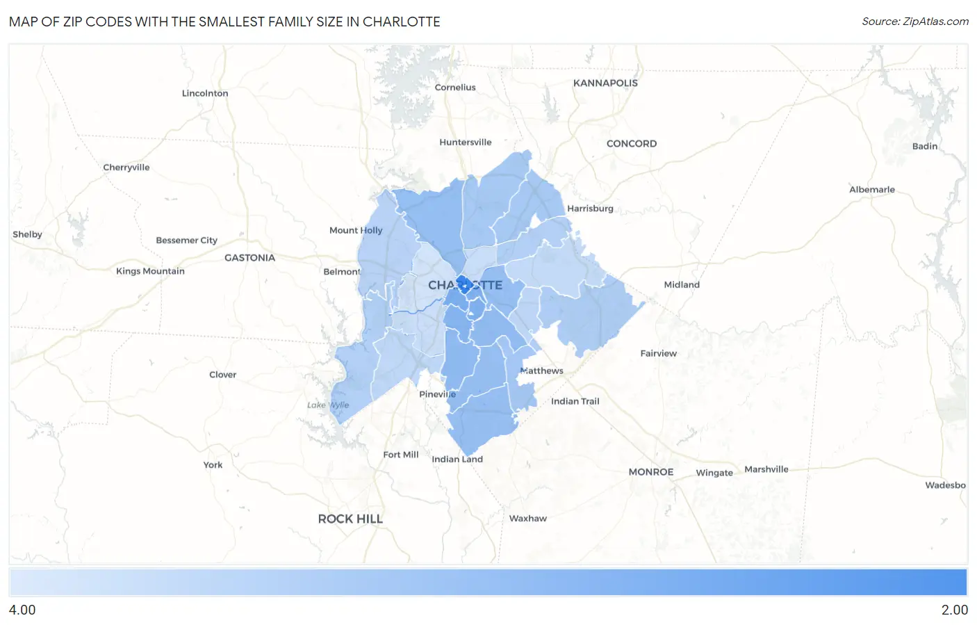 Zip Codes with the Smallest Family Size in Charlotte Map