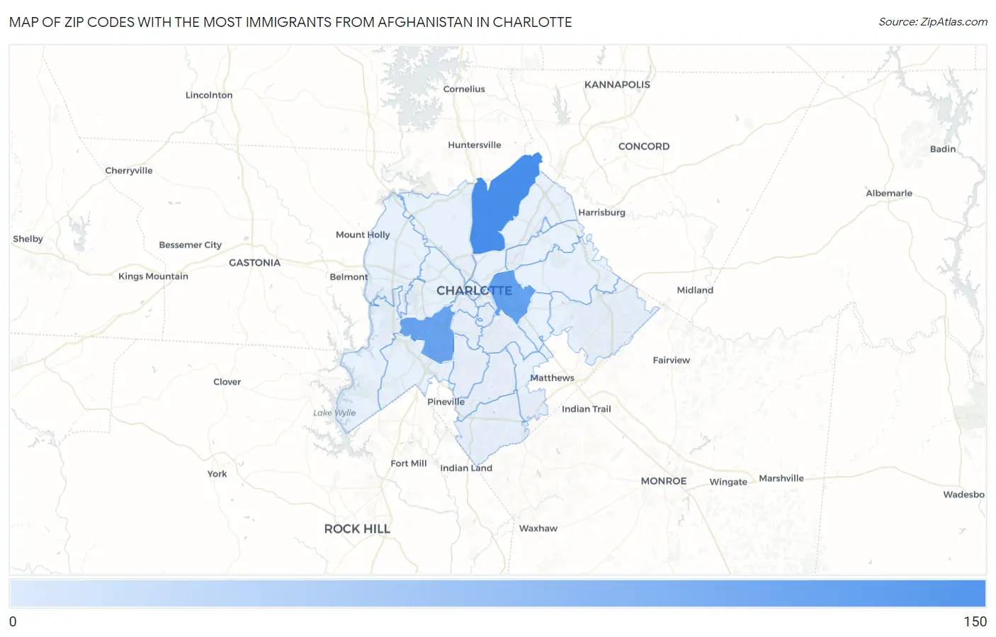 Zip Codes with the Most Immigrants from Afghanistan in Charlotte Map