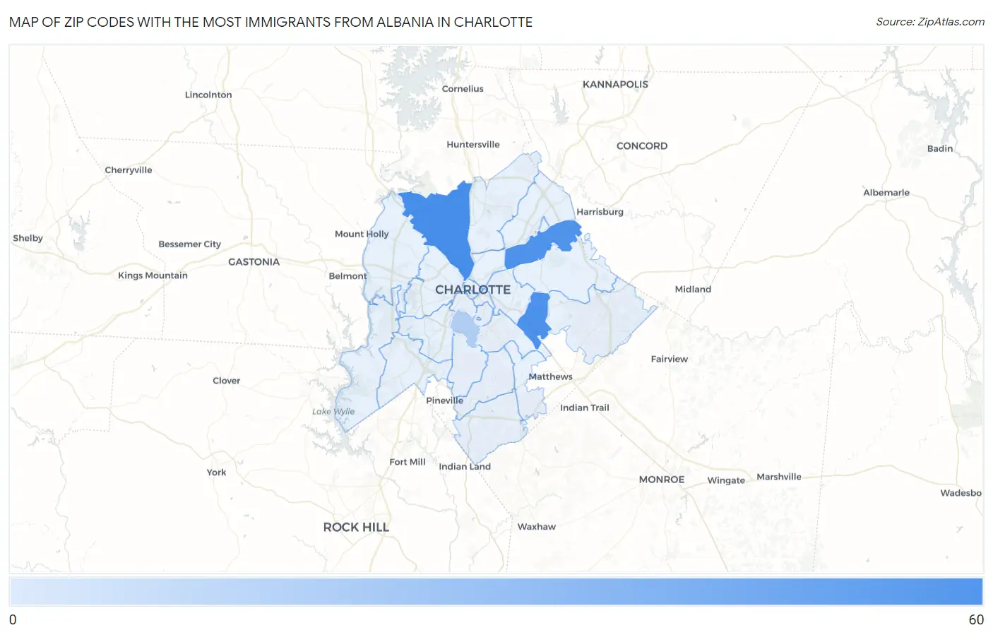 Zip Codes with the Most Immigrants from Albania in Charlotte Map