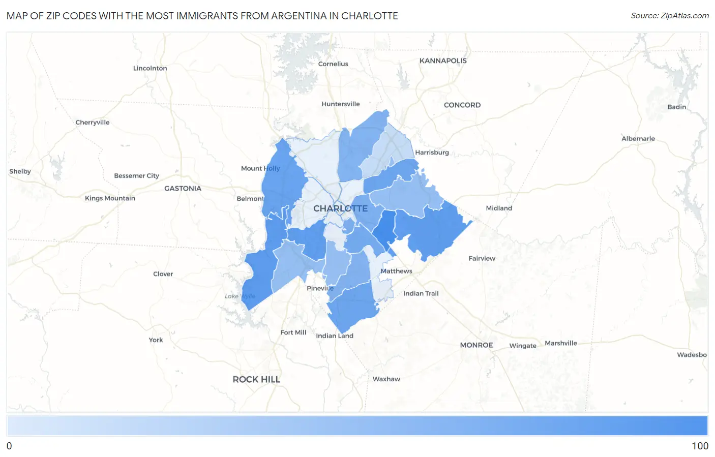 Zip Codes with the Most Immigrants from Argentina in Charlotte Map