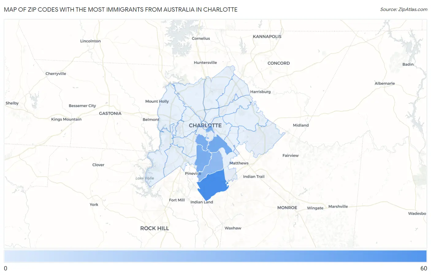 Zip Codes with the Most Immigrants from Australia in Charlotte Map