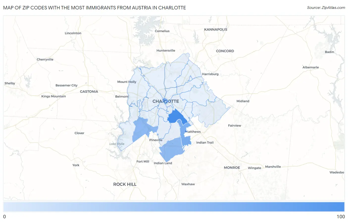 Zip Codes with the Most Immigrants from Austria in Charlotte Map