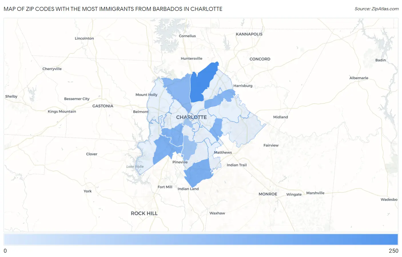 Zip Codes with the Most Immigrants from Barbados in Charlotte Map