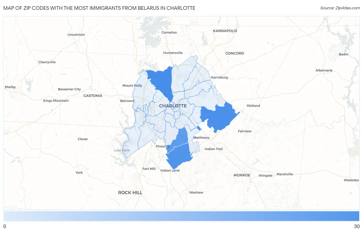 Zip Codes with the Most Immigrants from Belarus in Charlotte Map