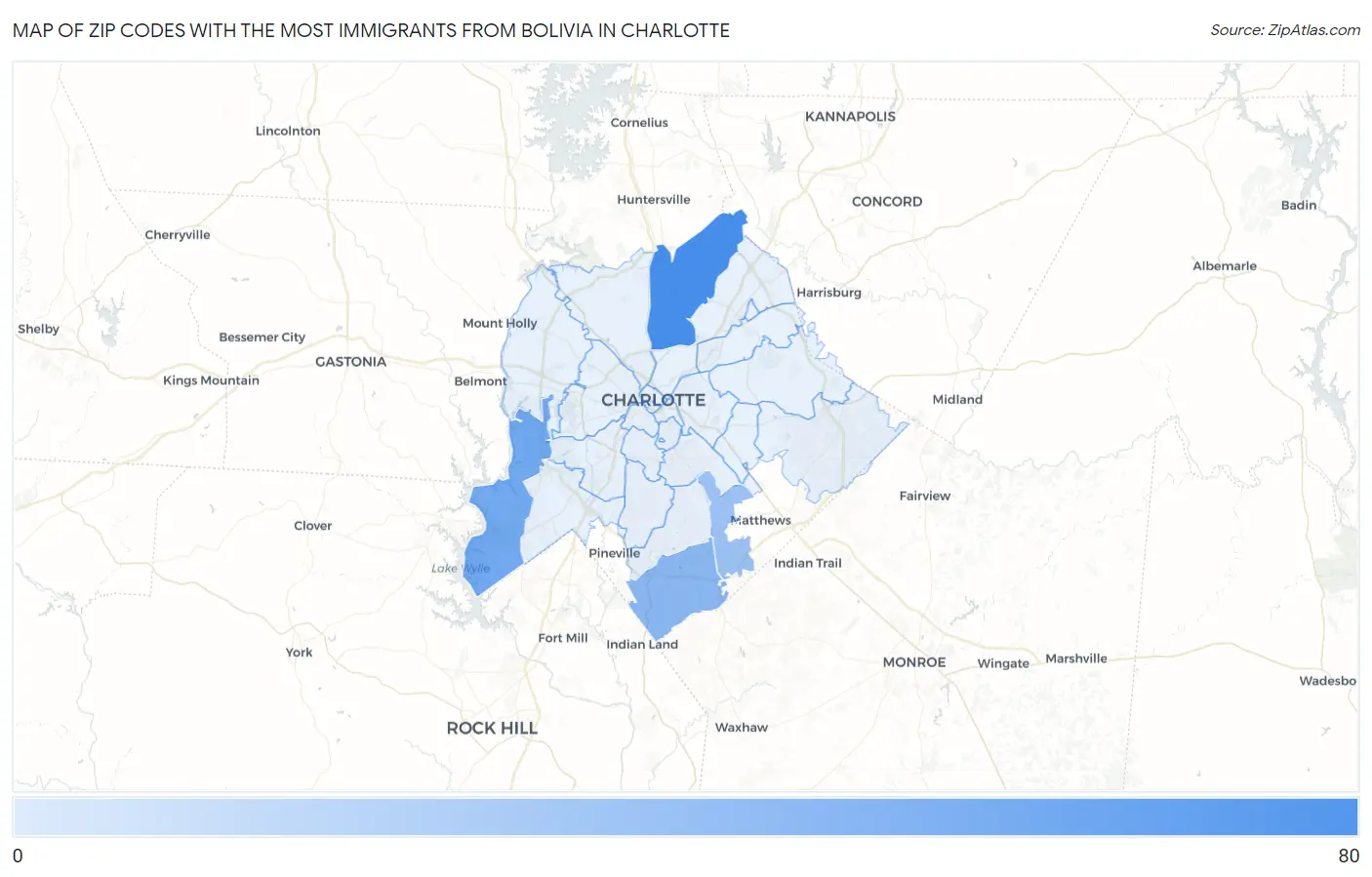 Zip Codes with the Most Immigrants from Bolivia in Charlotte Map