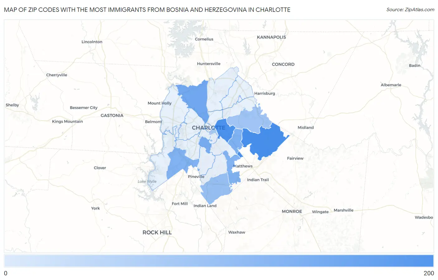 Zip Codes with the Most Immigrants from Bosnia and Herzegovina in Charlotte Map