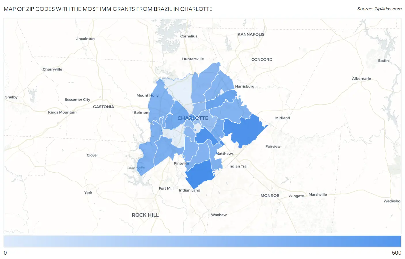 Zip Codes with the Most Immigrants from Brazil in Charlotte Map