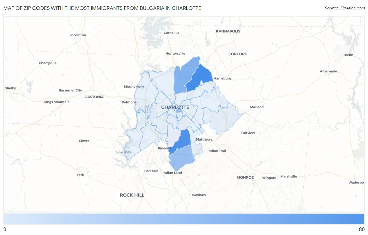Zip Codes with the Most Immigrants from Bulgaria in Charlotte Map