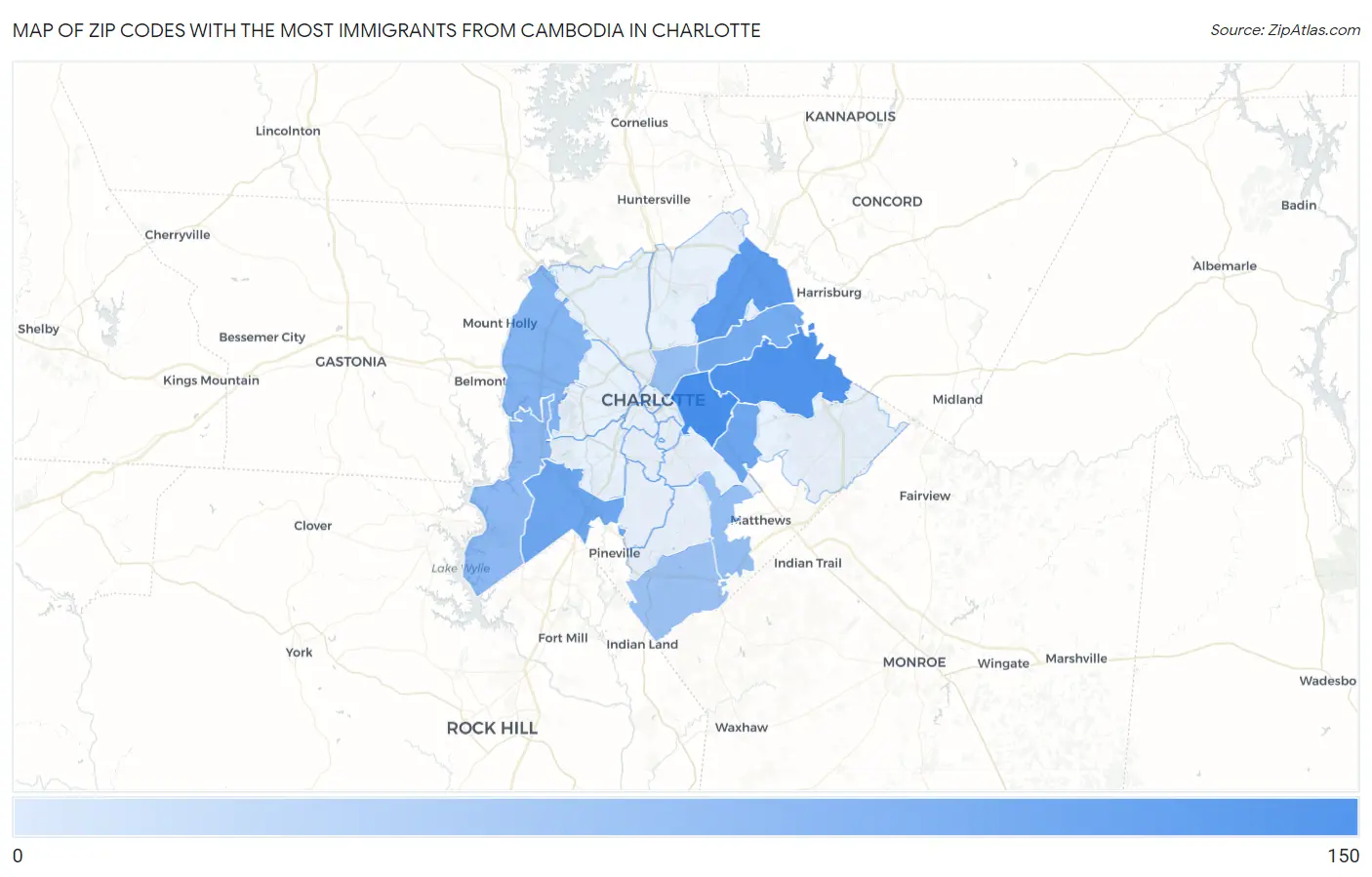 Zip Codes with the Most Immigrants from Cambodia in Charlotte Map