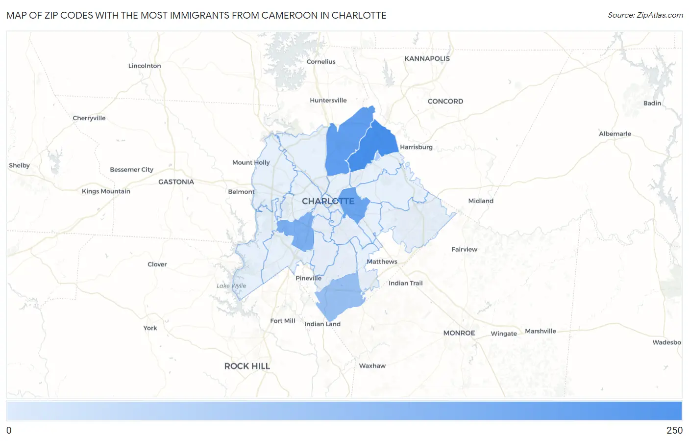 Zip Codes with the Most Immigrants from Cameroon in Charlotte Map