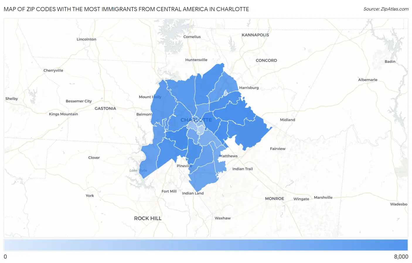 Zip Codes with the Most Immigrants from Central America in Charlotte Map