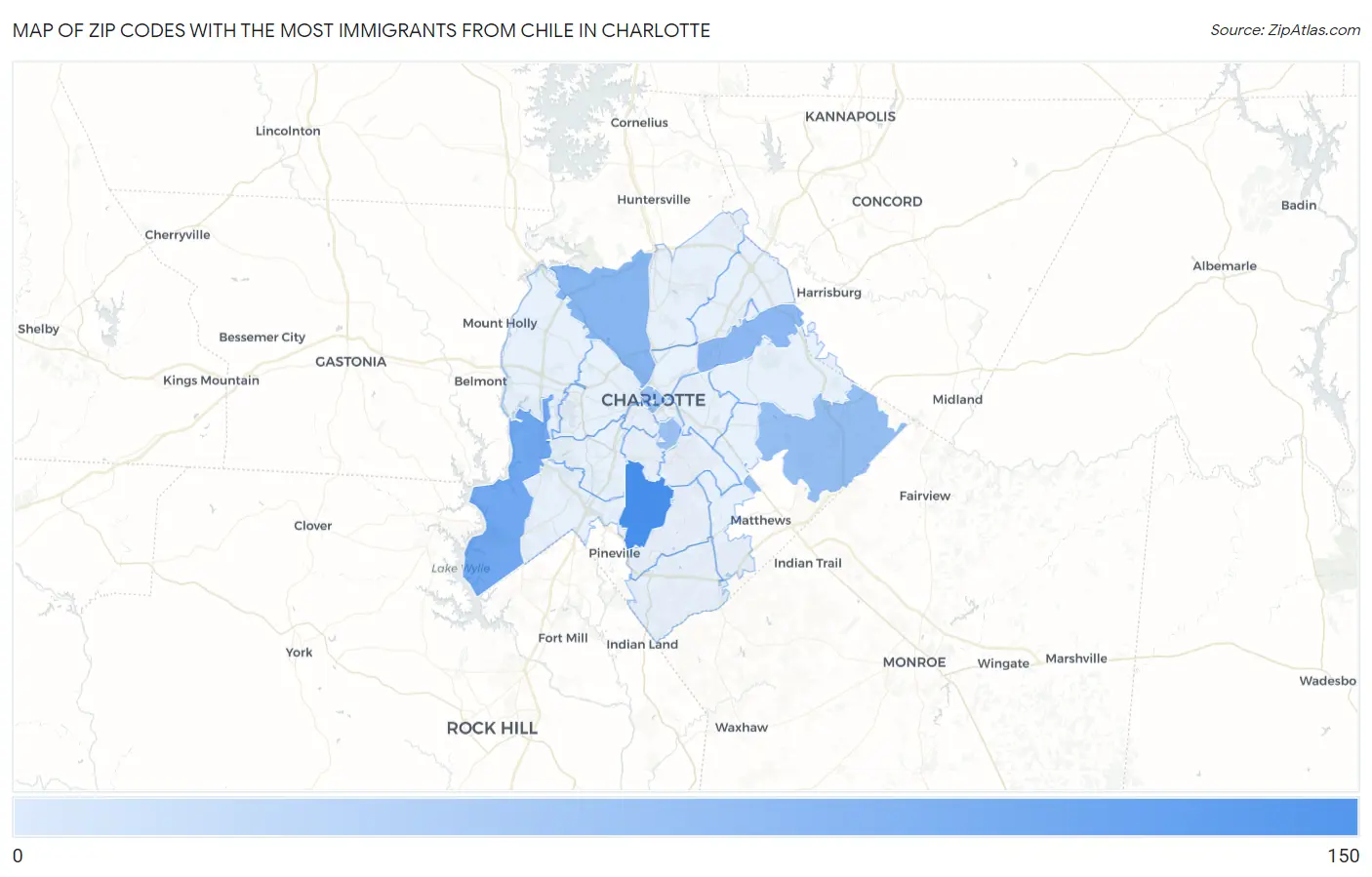 Zip Codes with the Most Immigrants from Chile in Charlotte Map