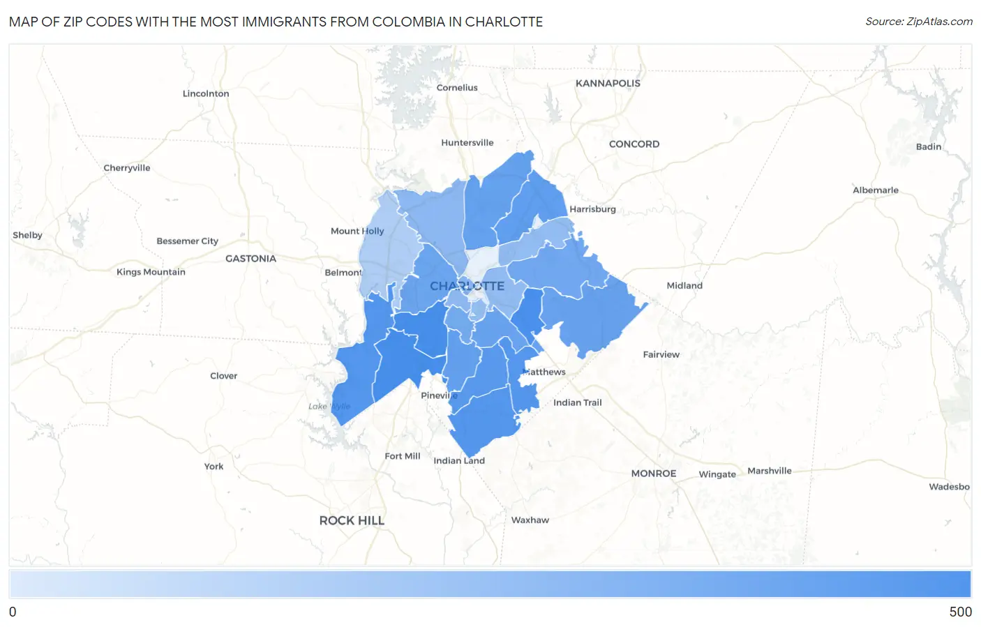 Zip Codes with the Most Immigrants from Colombia in Charlotte Map