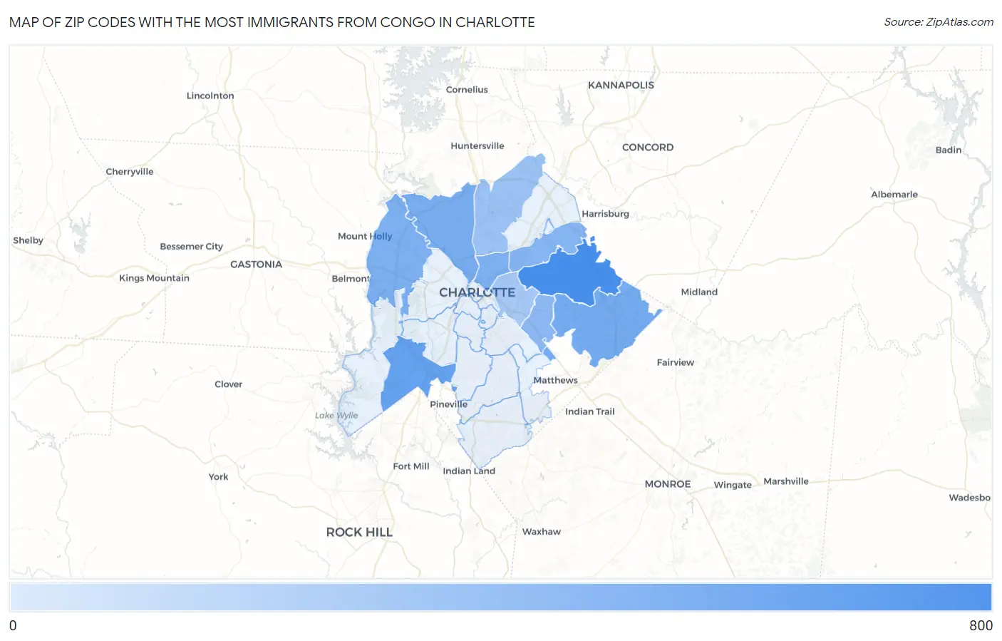 Zip Codes with the Most Immigrants from Congo in Charlotte Map