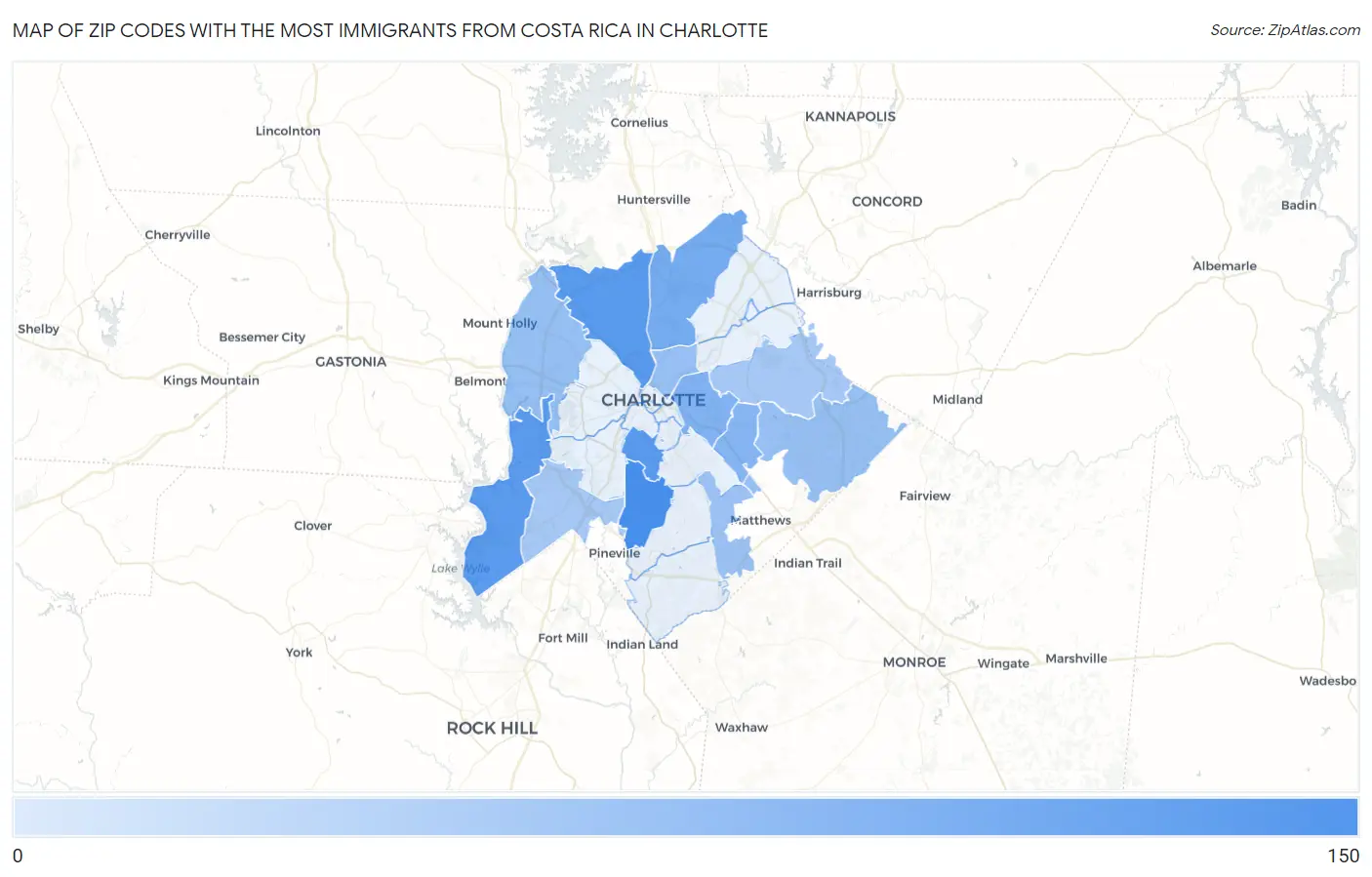 Zip Codes with the Most Immigrants from Costa Rica in Charlotte Map