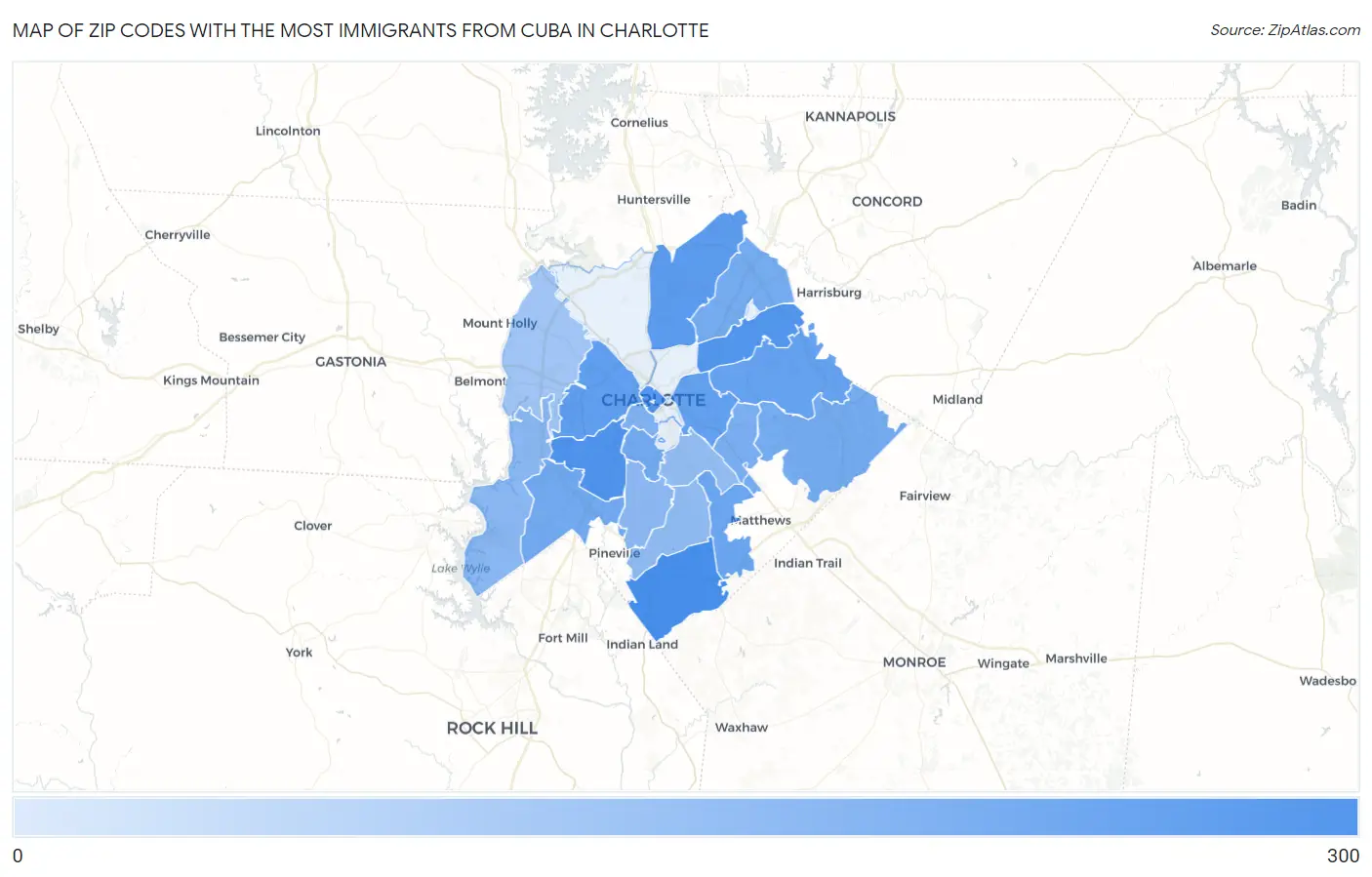 Zip Codes with the Most Immigrants from Cuba in Charlotte Map