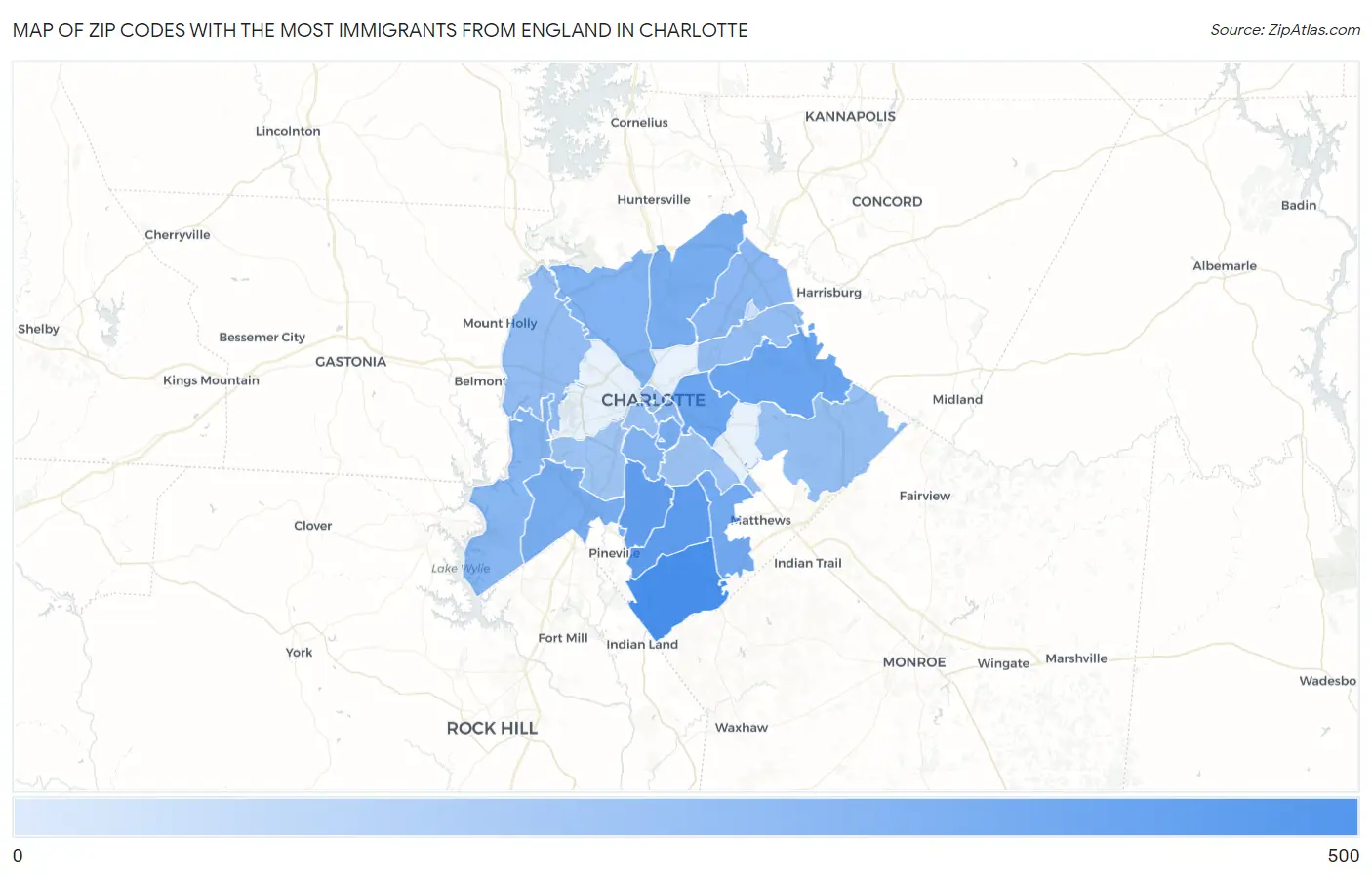 Zip Codes with the Most Immigrants from England in Charlotte Map