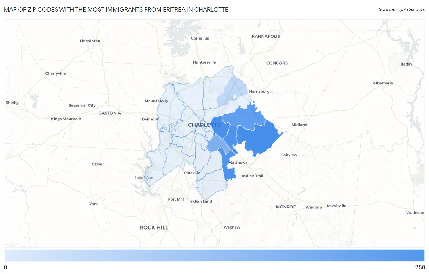 Zip Codes with the Most Immigrants from Eritrea in Charlotte Map